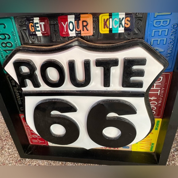 Route 66 3D Wood Metal Plastic Wall Art Framed Mini Licence plates 15"x15"x2" - Picture 2 of 10